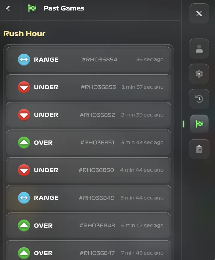 Панель истории игр CCTV Rush Hour с результатами ставок и ID раундов